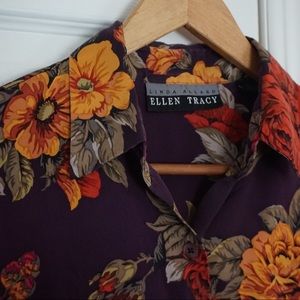 Ellen Tracy Silk floral print button-up longsleeve